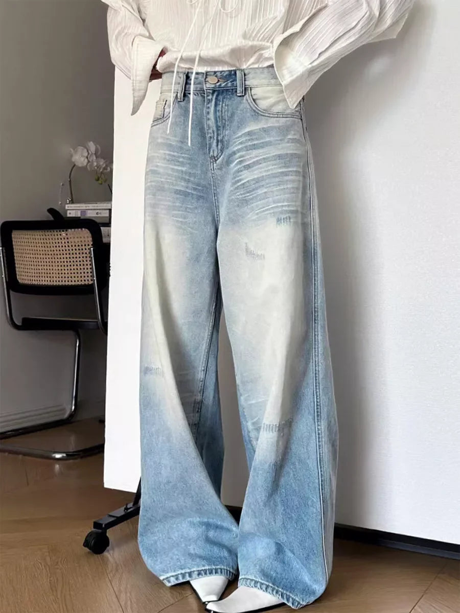 Distressed Light-Wash Wide-Leg Jeans
