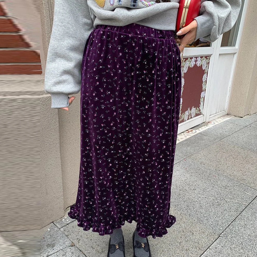 Goth Y2k Midnight Velvet Floral Ruffle Midi Skirt