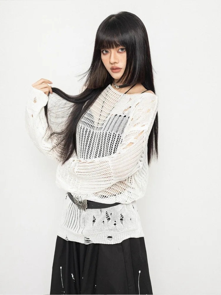 Void Wings Distressed Mesh Sweater
