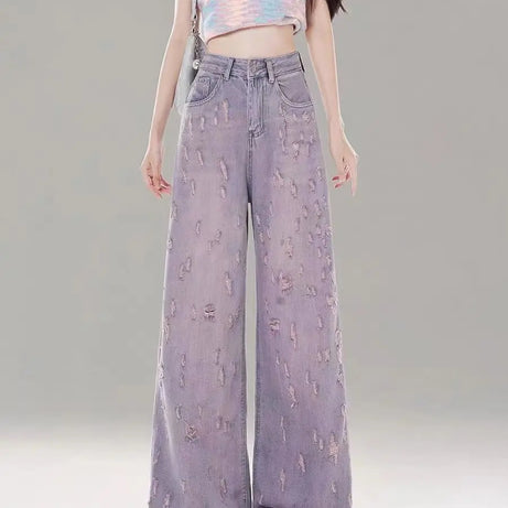 Vintage Lilac Distressed Wide-Leg Jeans