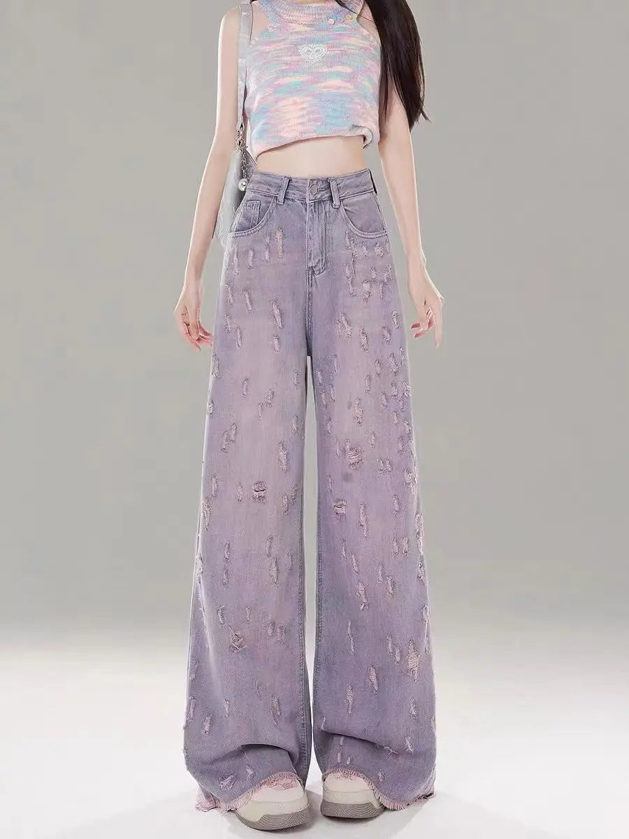 Vintage Lilac Distressed Wide-Leg Jeans