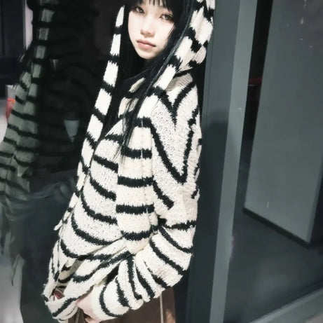 Striped Knit Bunny Ear Hoodie