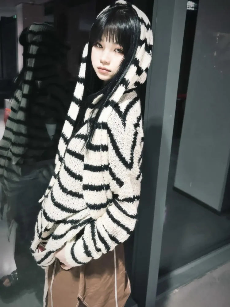 Striped Knit Bunny Ear Hoodie