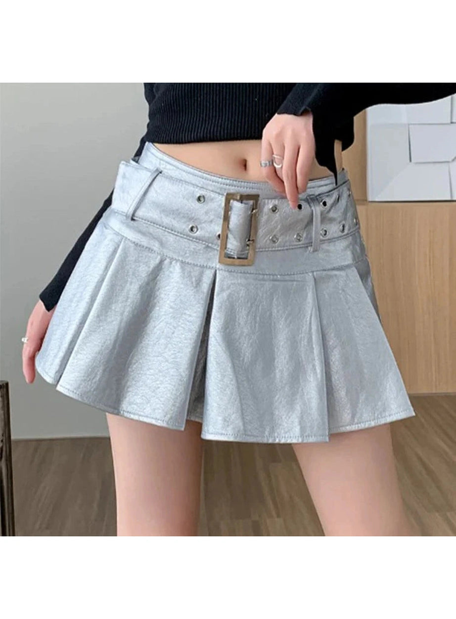 Black Belted Pleated Mini Skirt