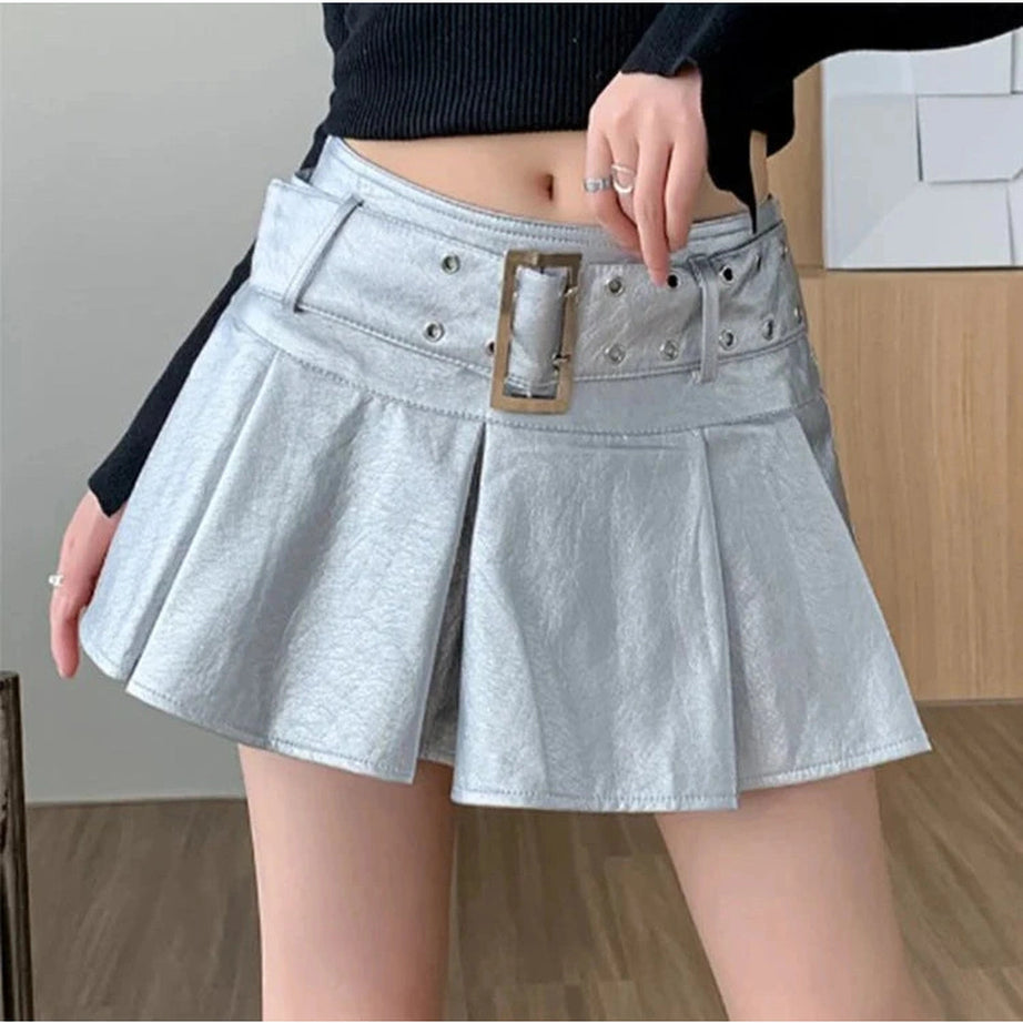 Black Belted Pleated Mini Skirt