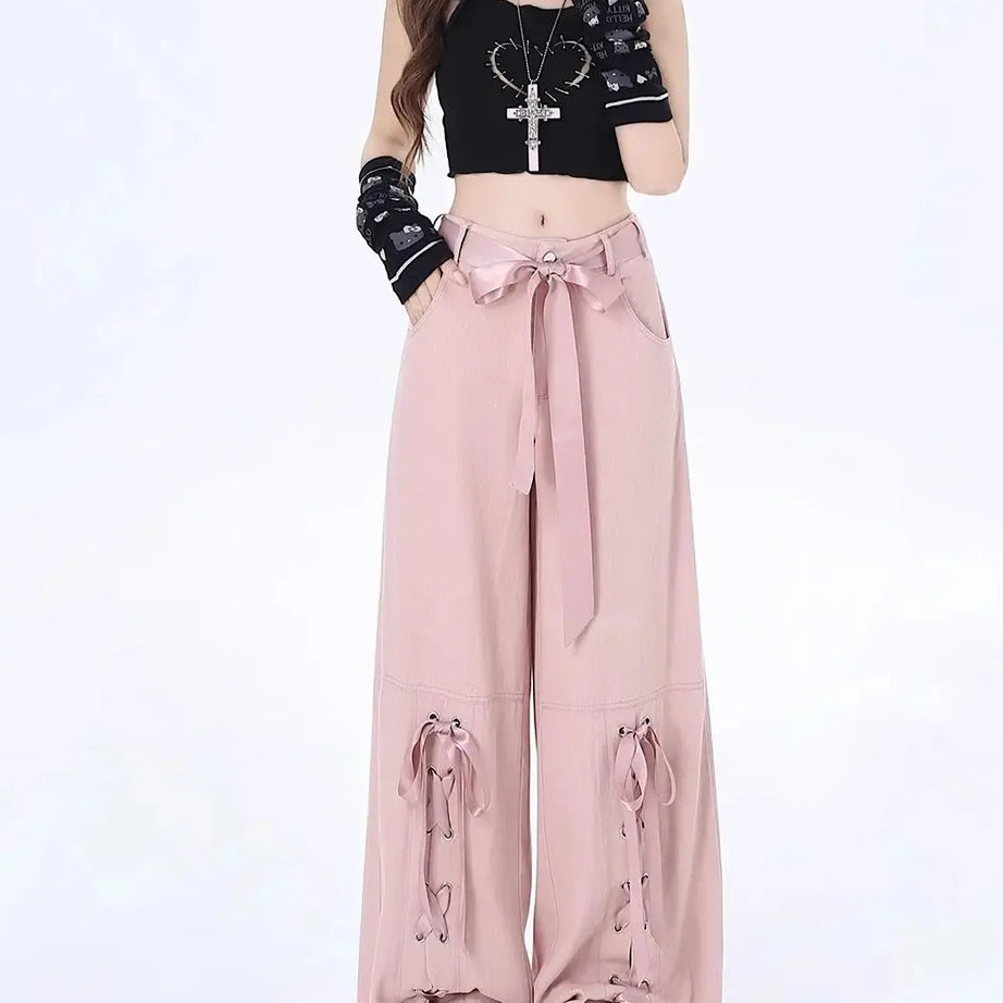 Pink Bow Lace-Up Pants