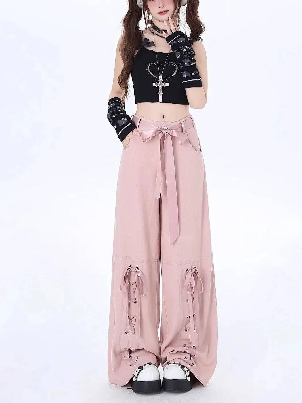 Pink Bow Lace-Up Pants