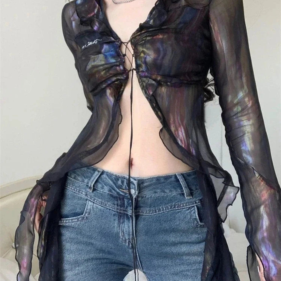 Fairycore Iridescent Sheer Tie-Front Top