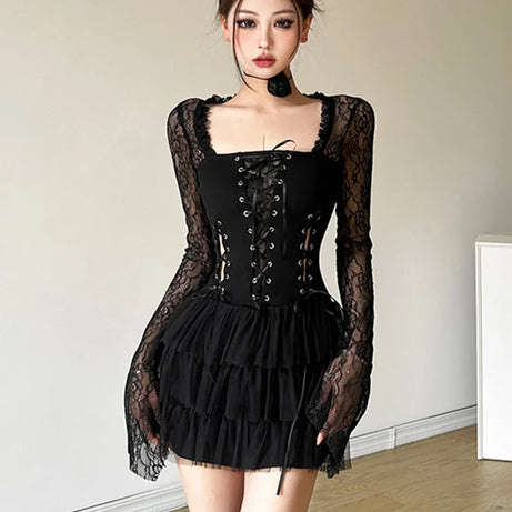 Gothic Lace Tiered Mini Dress