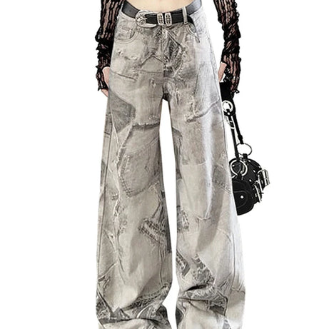 Grunge Washed Graffiti Wide-Leg Jeans