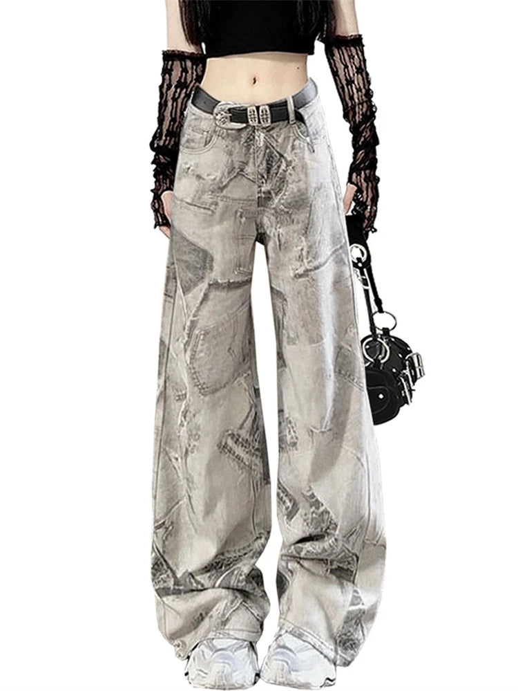 Grunge Washed Graffiti Wide-Leg Jeans