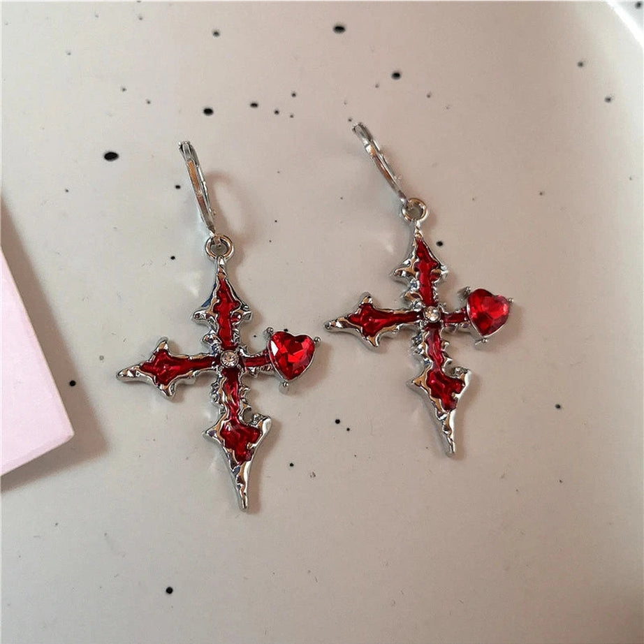 Bloodstone Gothic Cross Earrings