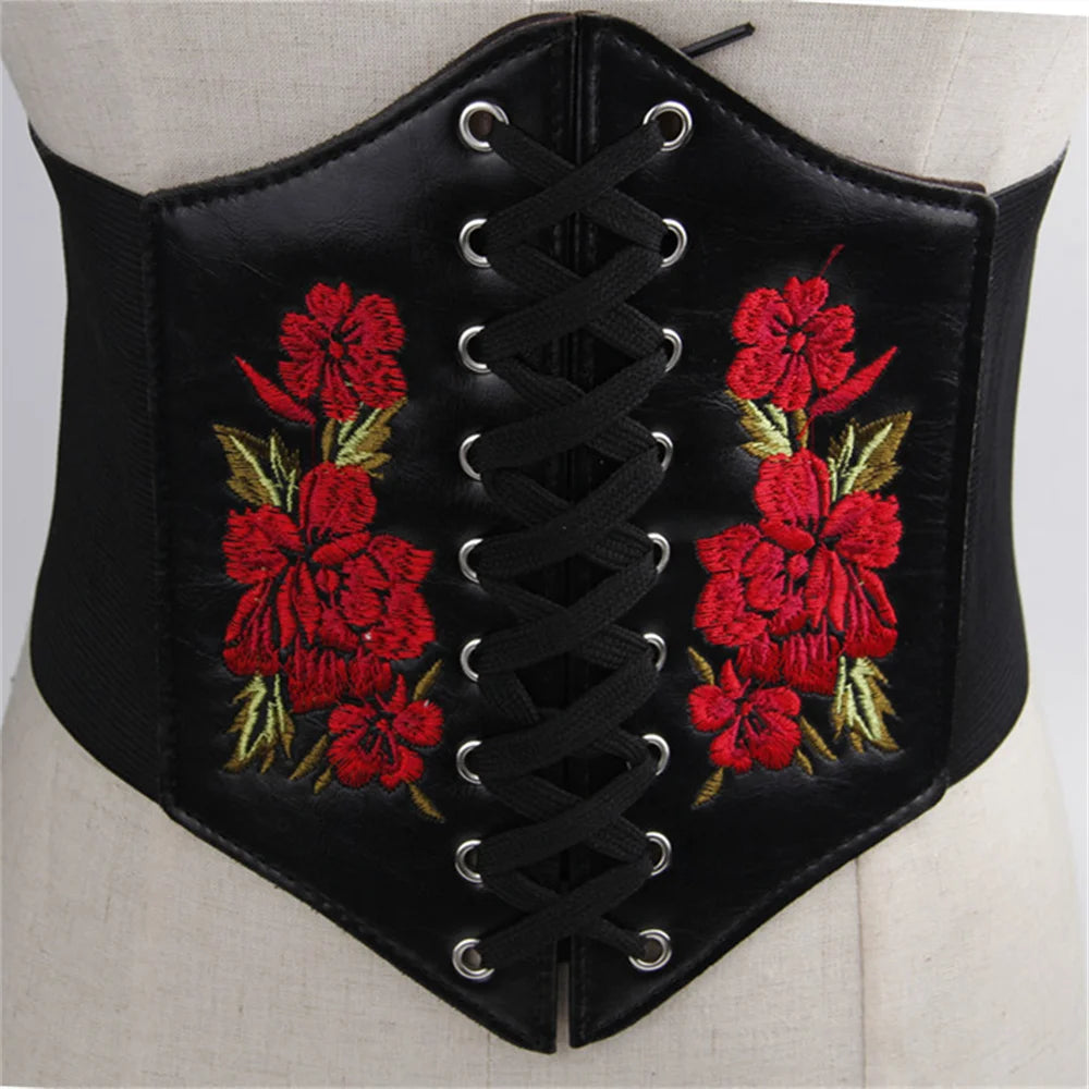 Scarlet Bloom Embroidered Corset Belt