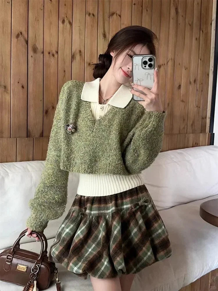Forest Charm Plaid Skirt Set