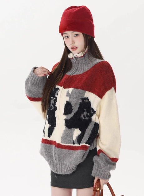 Abstrakt stickad kofta med dragkedja