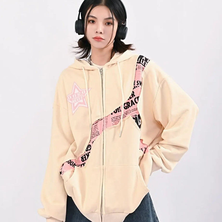 Y2k Pink Star Zip Up Hoodie