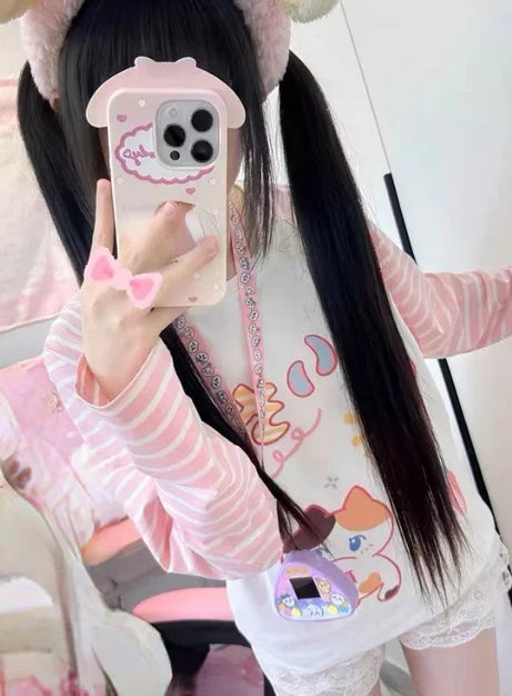 Japanisches Patchwork Rosa Streifen Casual T-Shirt Herbst Cartoon Druck Harajuku Tops Grunge Kawaii Niedlich Y2k Ästhetische T-Shirts
