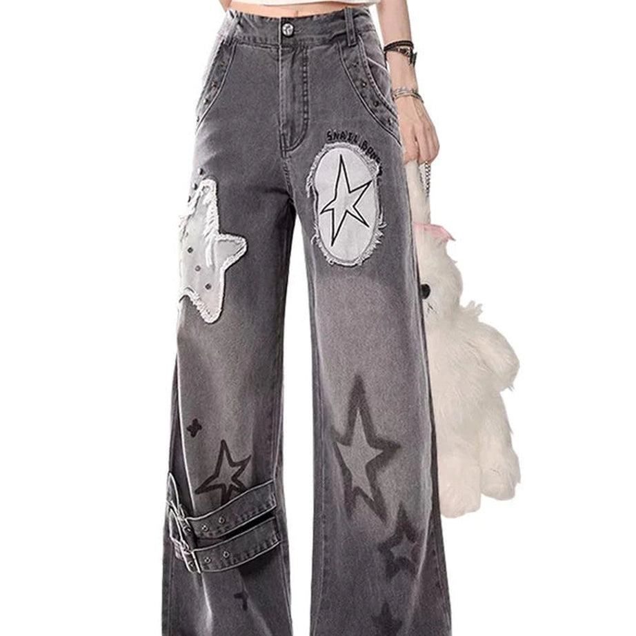 Star Patchwork Wide-Leg Jeans