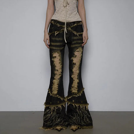 Shredded Flames Distressed Flare Pants