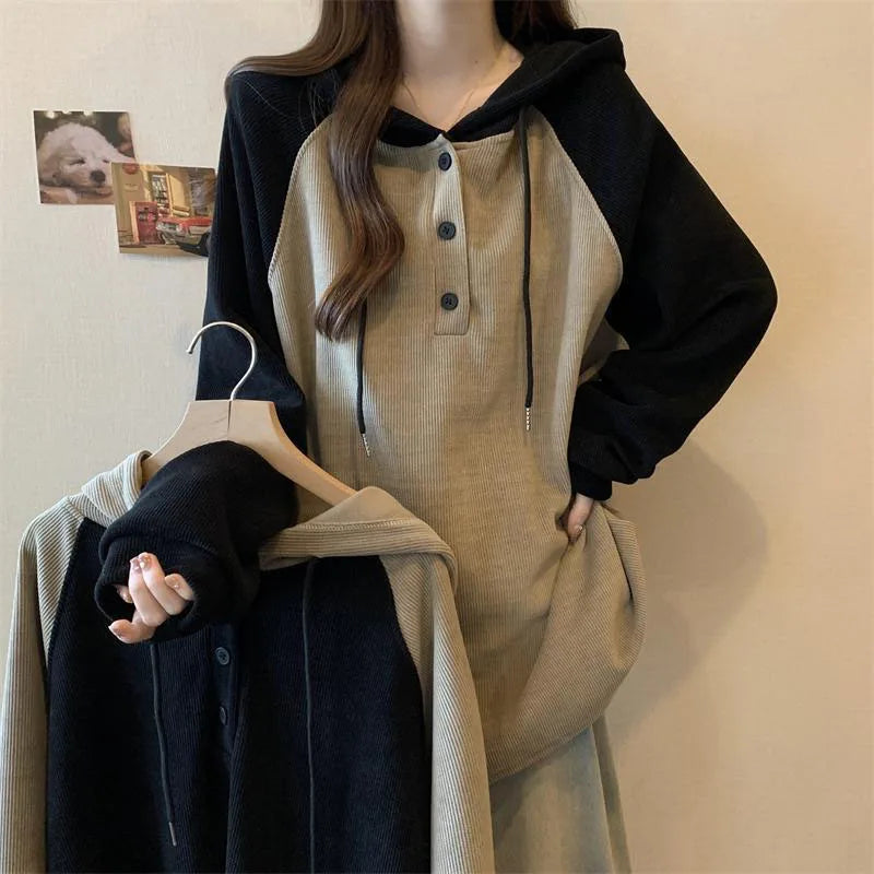 Two-Tone Button-Up Hooded Sweatshirt