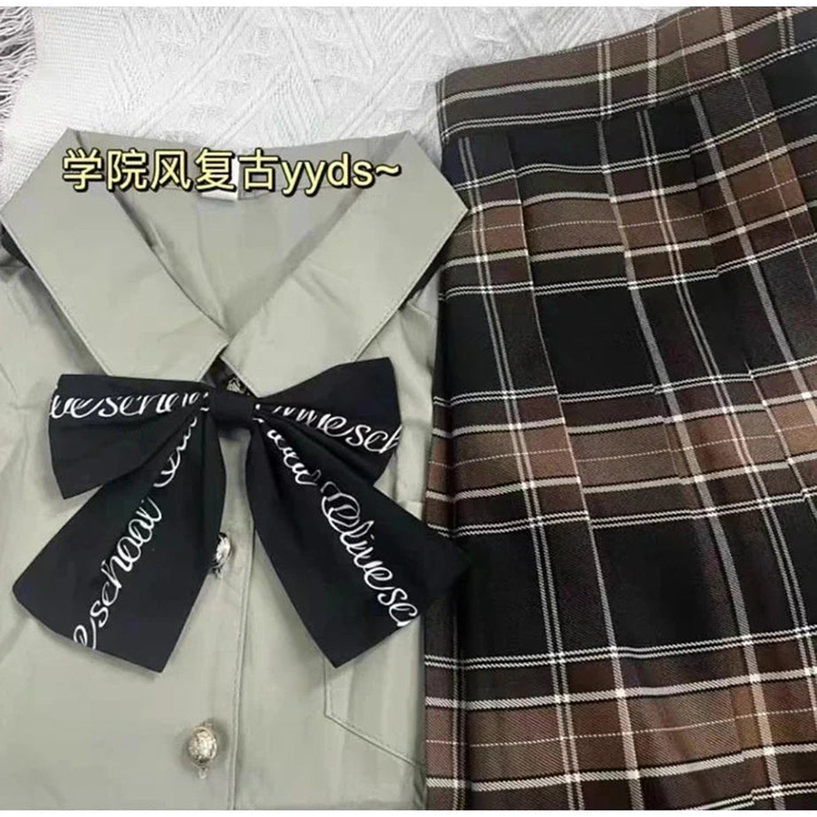 Y2k Japanese Preppy Style High Quality Outfits 2 Piece Set Turn-Down Collar Bow Crop Top + Hight Waist Formal Plaid A-Line Skirt
