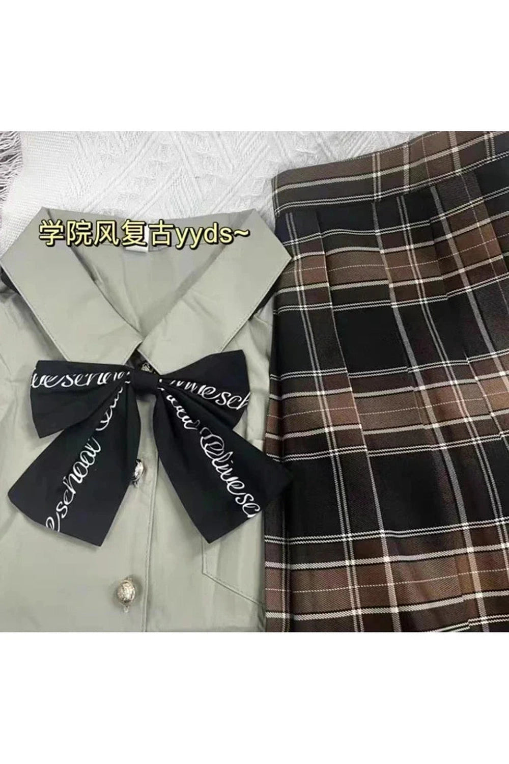 Y2k Japanese Preppy Style High Quality Outfits 2 Piece Set Turn-Down Collar Bow Crop Top + Hight Waist Formal Plaid A-Line Skirt