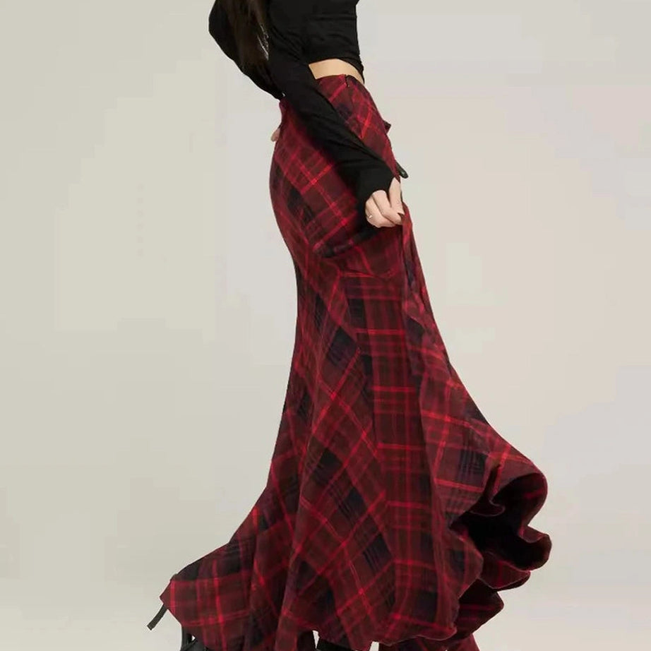 Red Plaid Mermaid Maxi Skirt