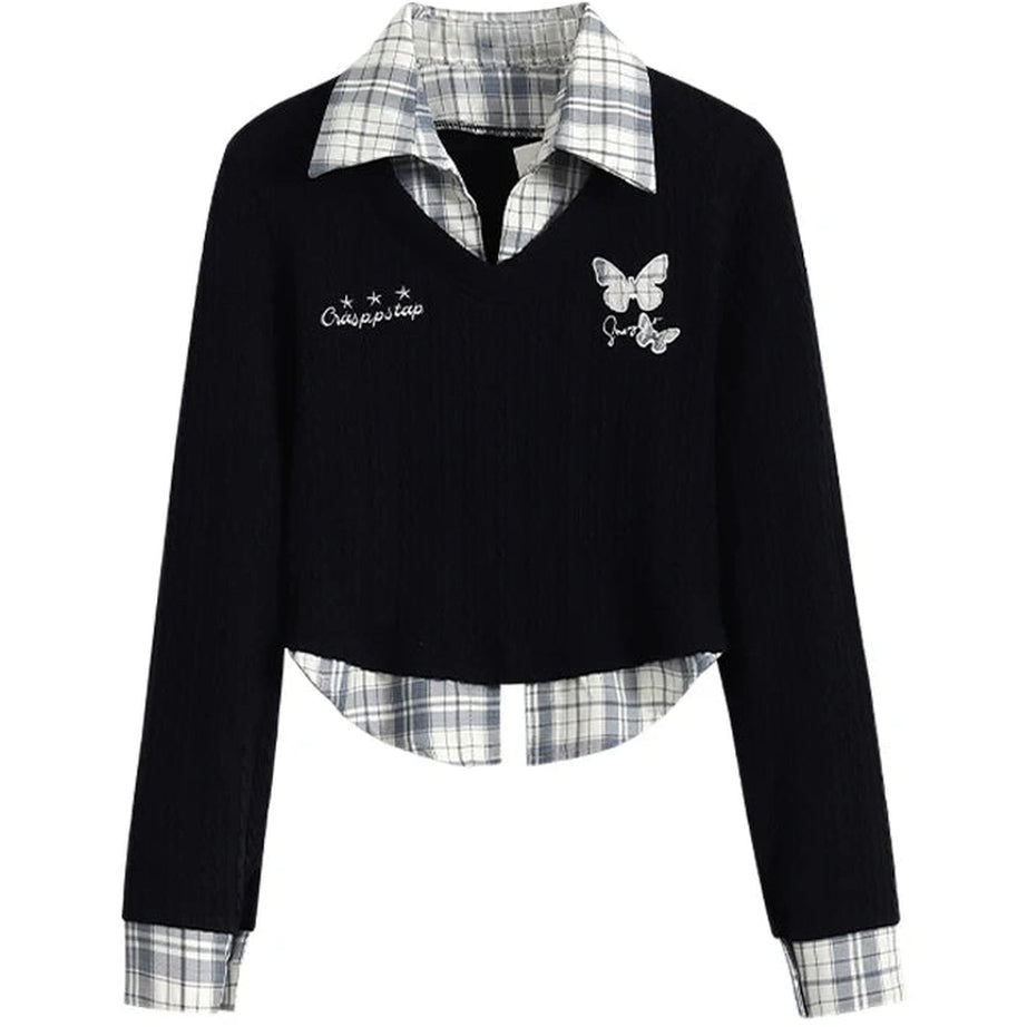 Butterfly Embroidered Layered Preppy Sweater