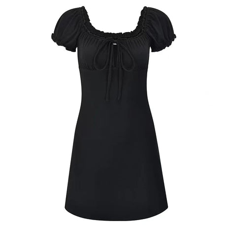 Goth Y2k Ruched Ribbon Tie Mini Dress in Midnight Black