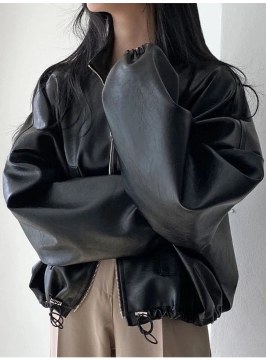 Oversized Faux Leather Bomber Jacket