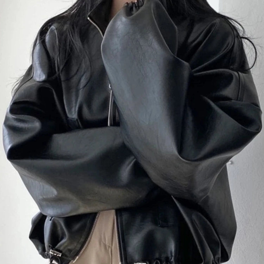 Oversized Faux Leather Bomber Jacket