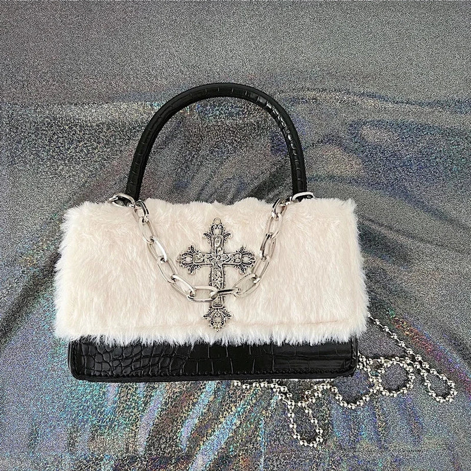 Gothic Cross Faux Fur Shoulder Bag