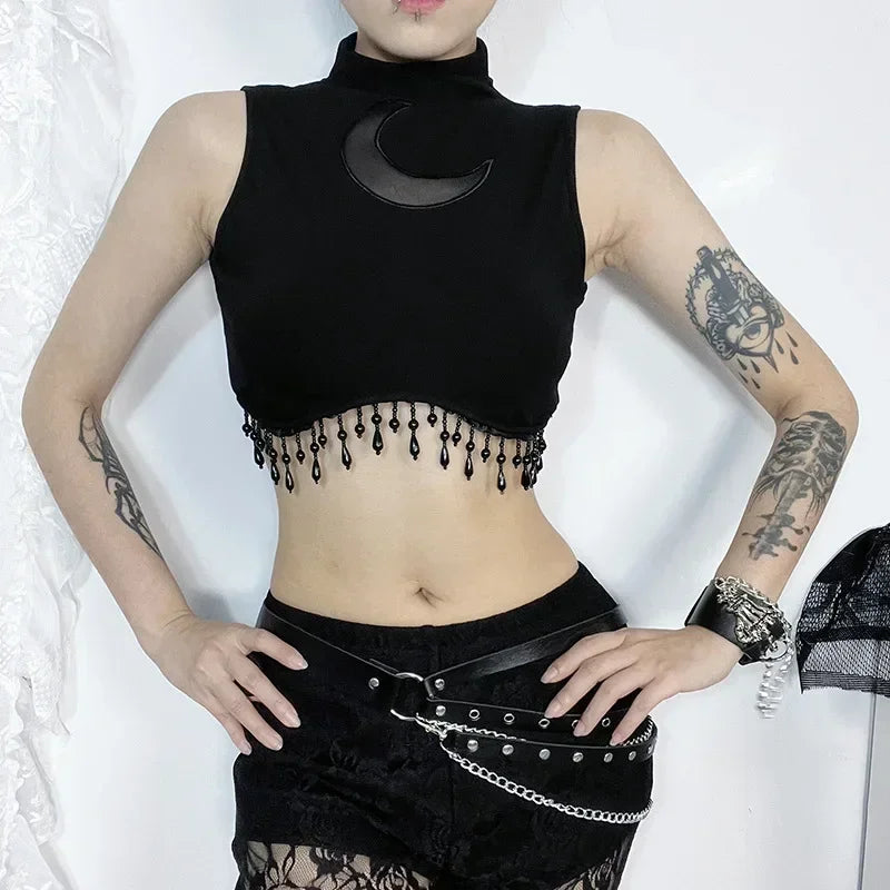 Moonshade Beaded Turtleneck Crop Top