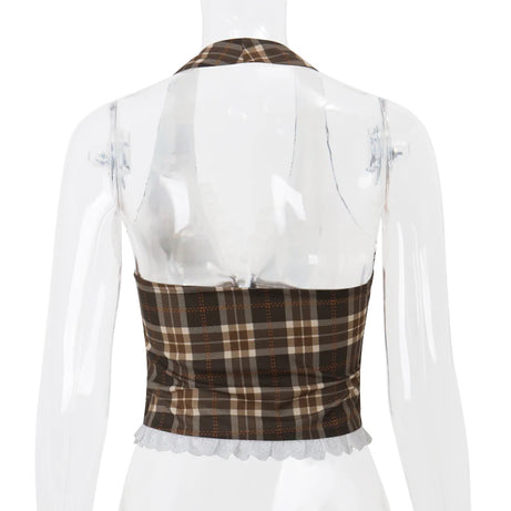 Plaid Lace Trim Corset Crop Top