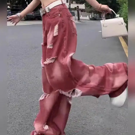 Retro Rose Distressed Baggy Jeans