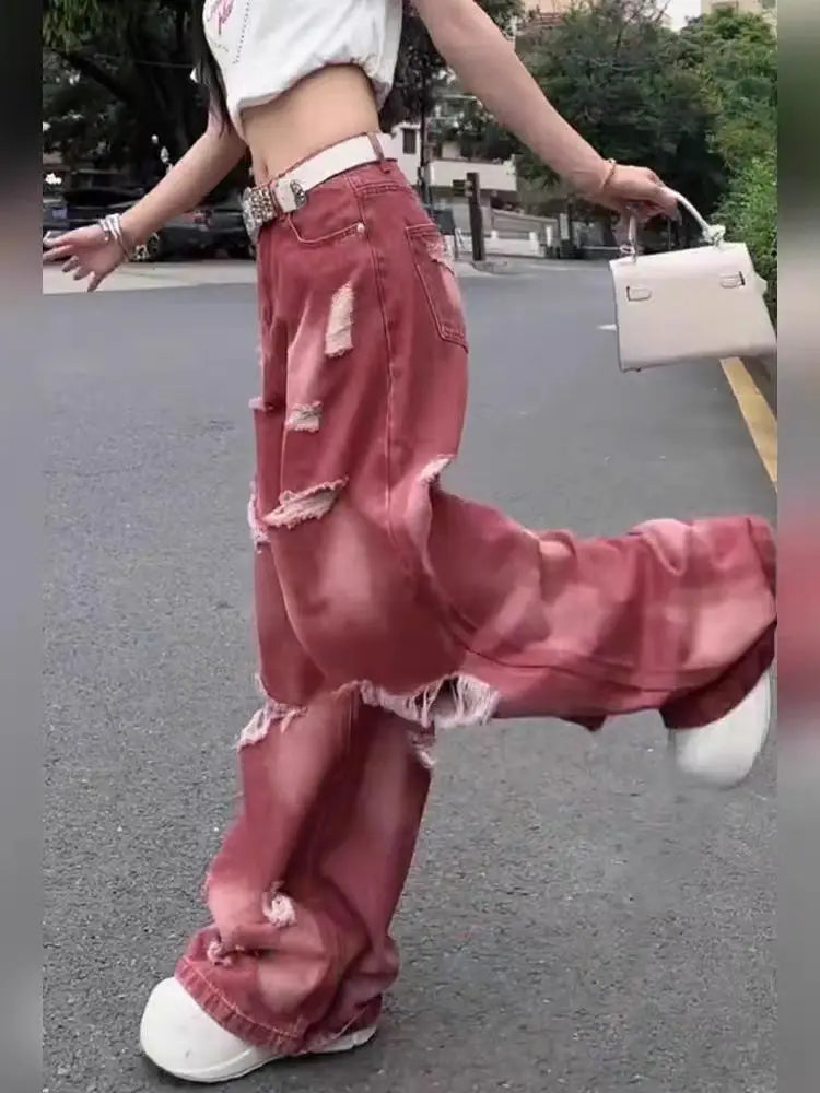 Retro Rose Distressed Baggy Jeans