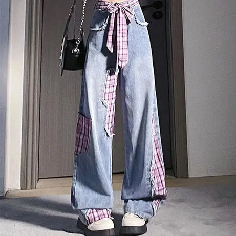 Plaid Patchwork Ribbon Jeans