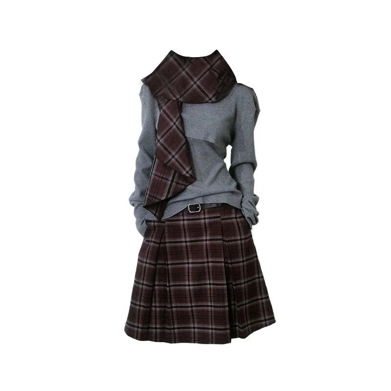 Academia Plaid Scarf Outfit Set