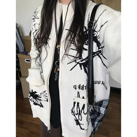 Y2k Gothic-Cardigan mit Grafik und Reißverschluss