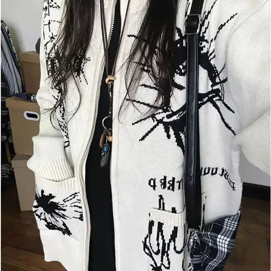 Y2k Gothic Graphic Zip-Up Cardigan