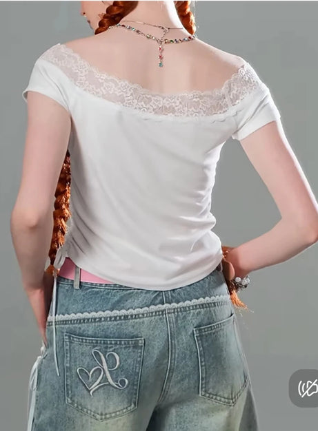 Lace-Trimmed Off-Shoulder Graphic Top