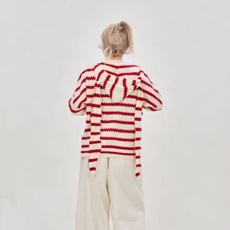Striped Knit Bunny Ear Hoodie