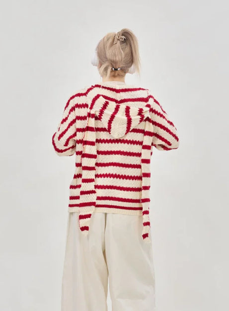 Striped Knit Bunny Ear Hoodie