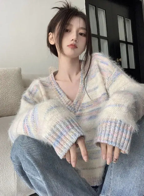Pastel Striped Fuzzy Knit Sweater