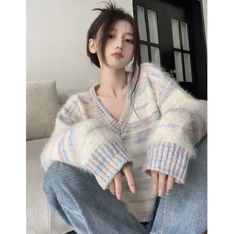 Pastel Striped Fuzzy Knit Sweater