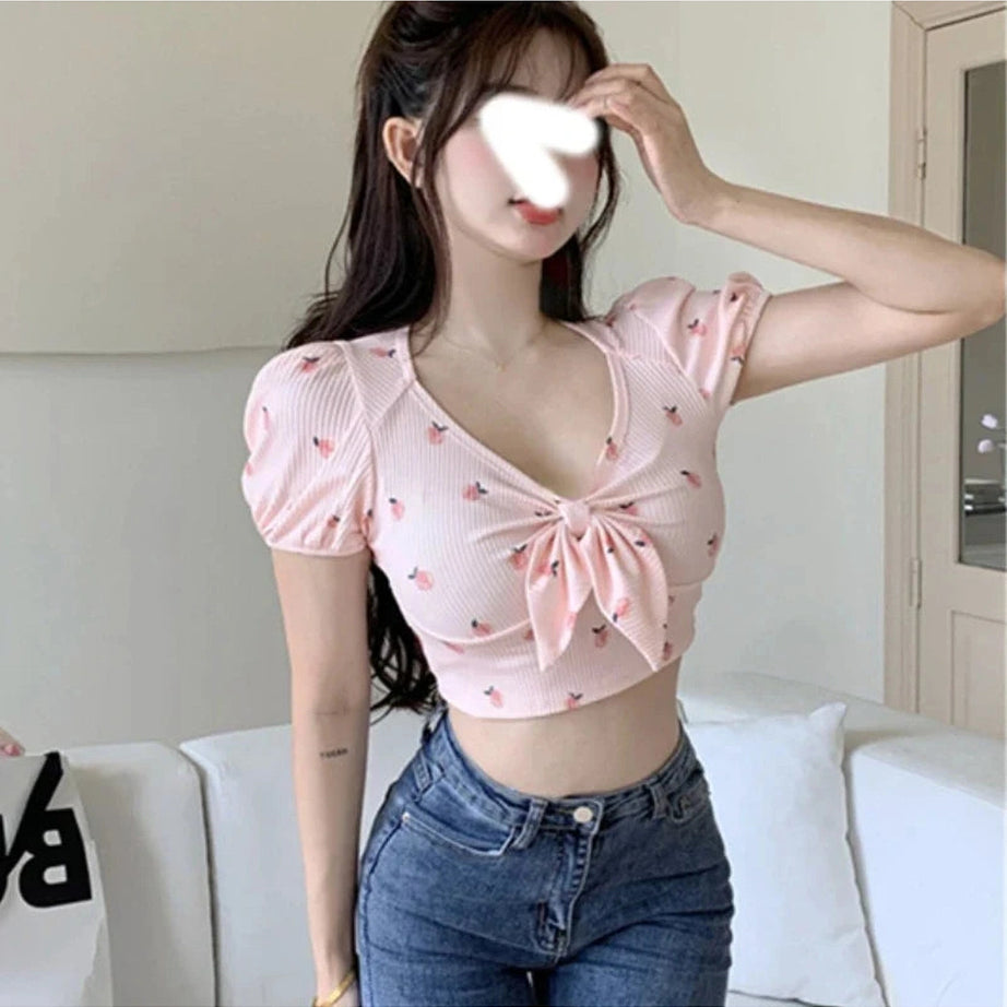 Y2k Kawaii Floral Sexy T-shirts Women Crop Tops Summer Bow Sweet Puff Sleeve Hot Girls European Slim Temper Футболка Женский