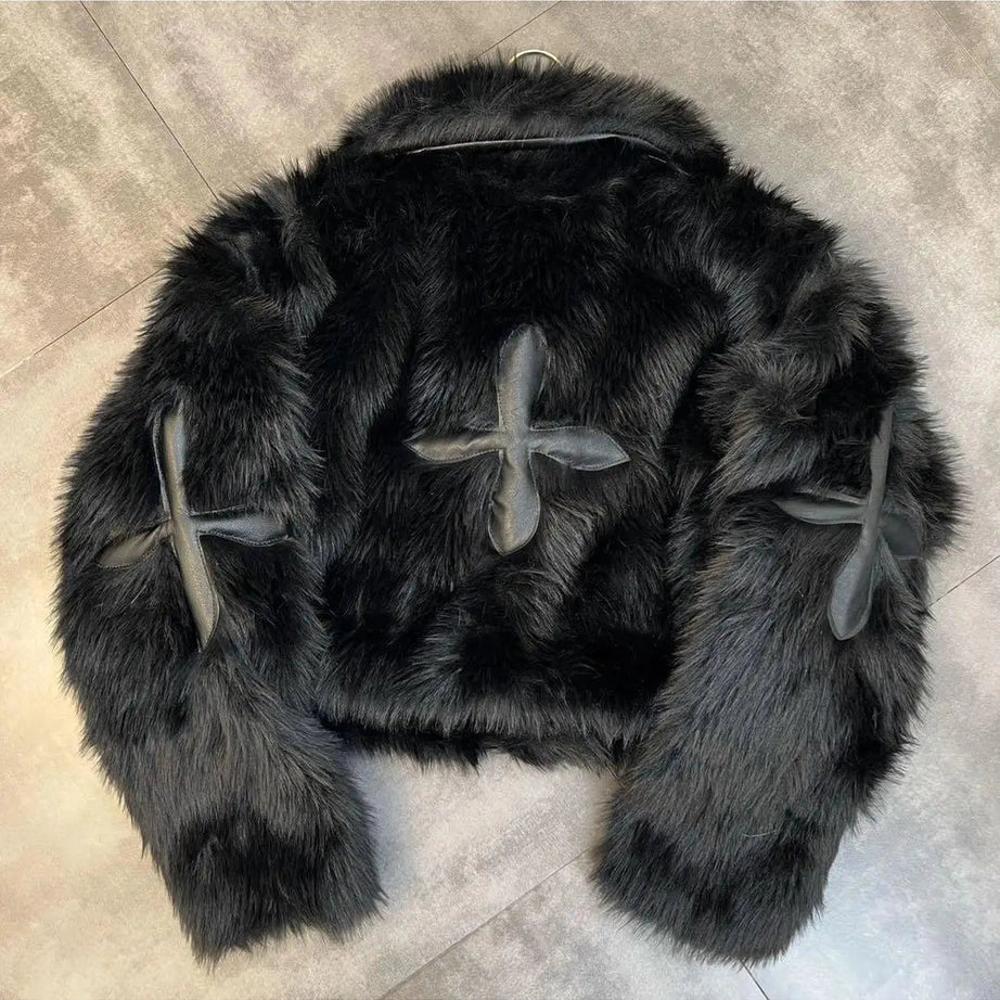 Y2k Dark Cross Faux Fur Jacket