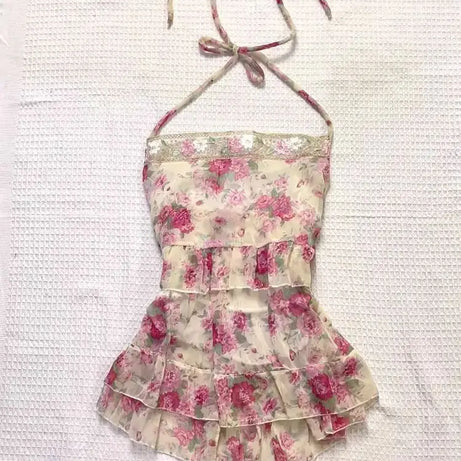 Y2K Rosegarden Halter Blouse in Cream Floral Chiffon