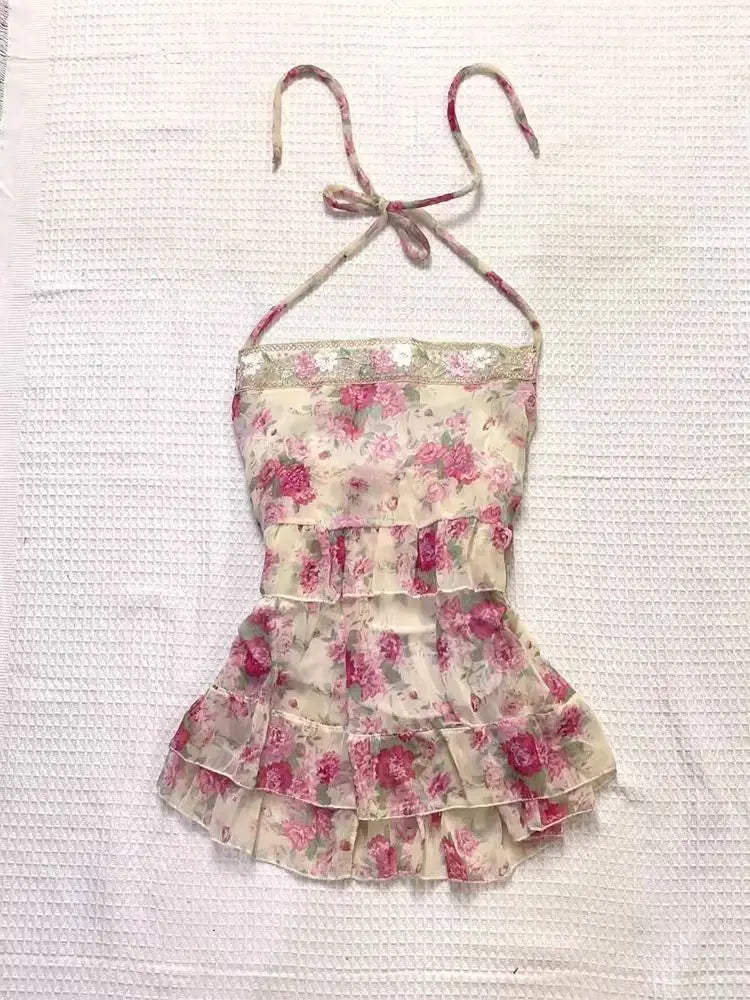 Y2K Rosegarden Halter Blouse in Cream Floral Chiffon