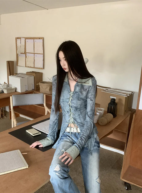 Lace-Up Distressed Denim Blouse